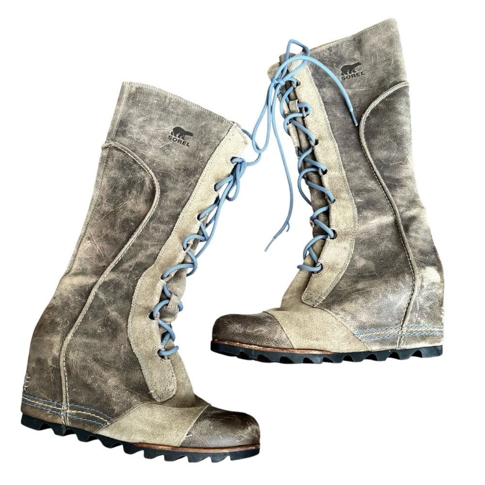 Sorel Cate Greige Lace-Up Knee High Wedge Boots - Picture 2 of 8